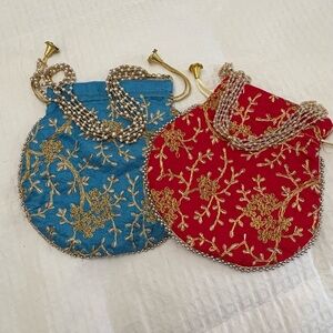 Embroidered Beaded Drawstring Potli Bag - Red & Blue. Set of two
